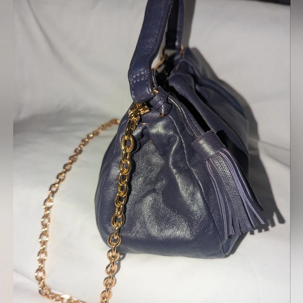 Alfani Navy Leather Ruched Y2K Shoulder Bag with Tassel And Gold Chain Accent